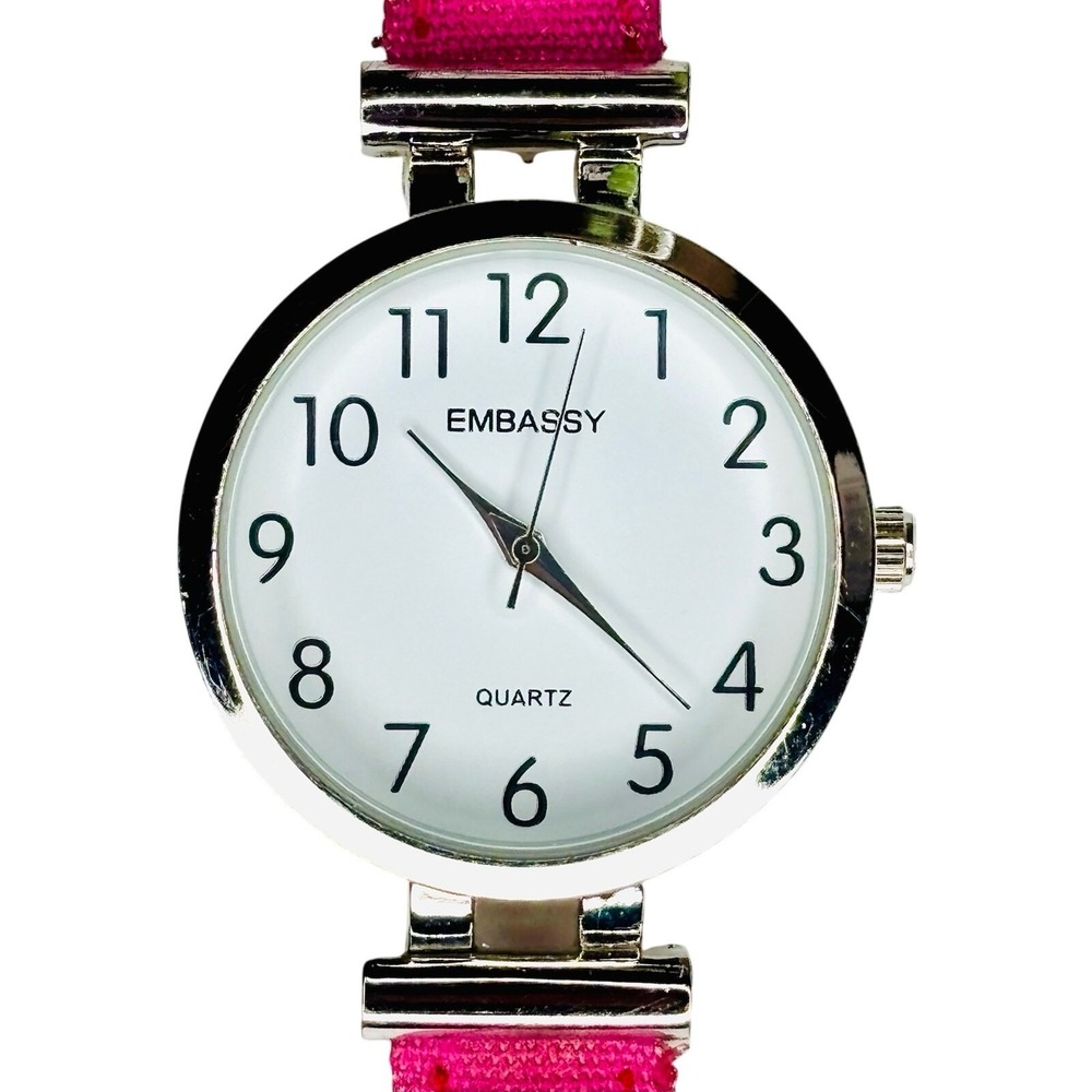 Y2K Embassy Wristwatch Women Pink Fabric Strap Silver Bezel White Dial EM4170L